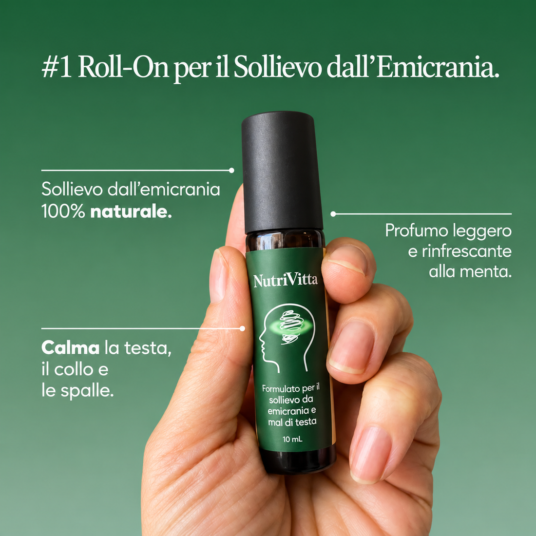 Una mano tiene il roll-on NutriVitta per il sollievo da emicrania e mal di testa