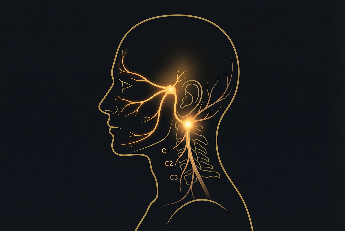 Illustrazione di una testa di profilo con il nervo trigemino e i nervi cervicali C1, C2 e C3 evidenziati